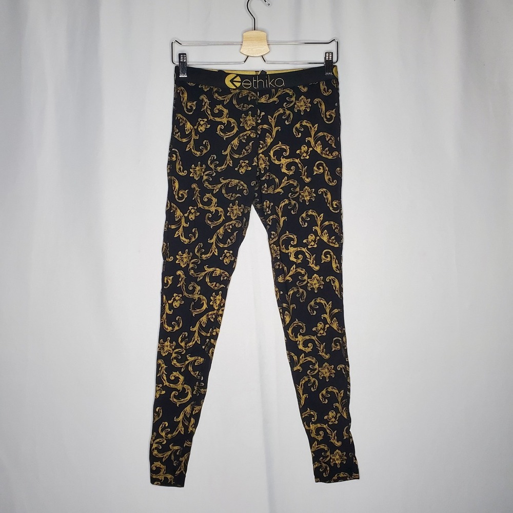 Ethika Leggings Womens Medium Gold Black Paisley Stretch Yoga Workout Athletic